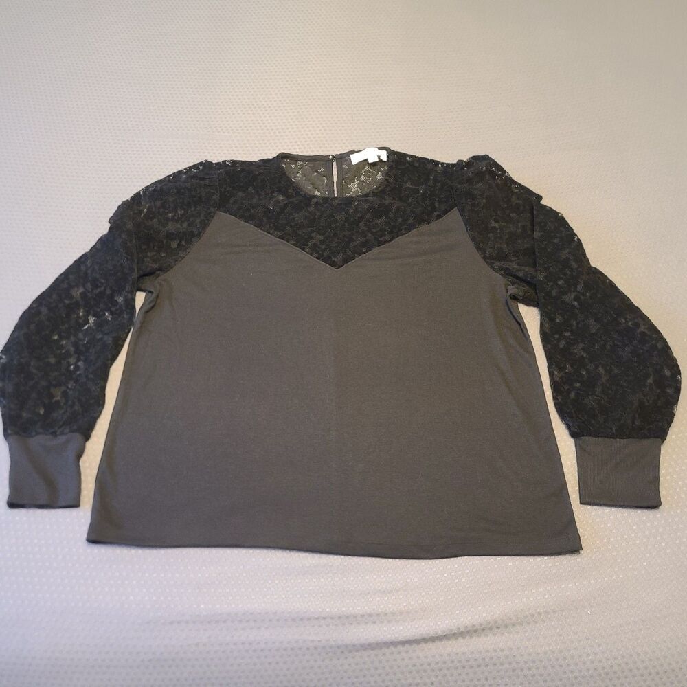 Ann Taylor Black Shirt with Knit Lace Upper Size XL Long Sleeve Round Neck